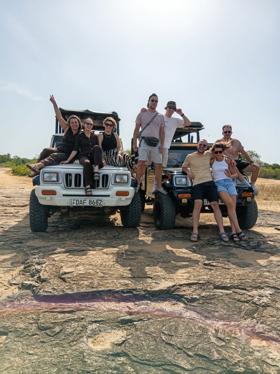 Group of friends with two safari jeeps